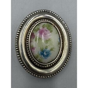 Vintage Framed Floral‎ Brooch W/ Pink Blue Flowers Oval Shaped READ